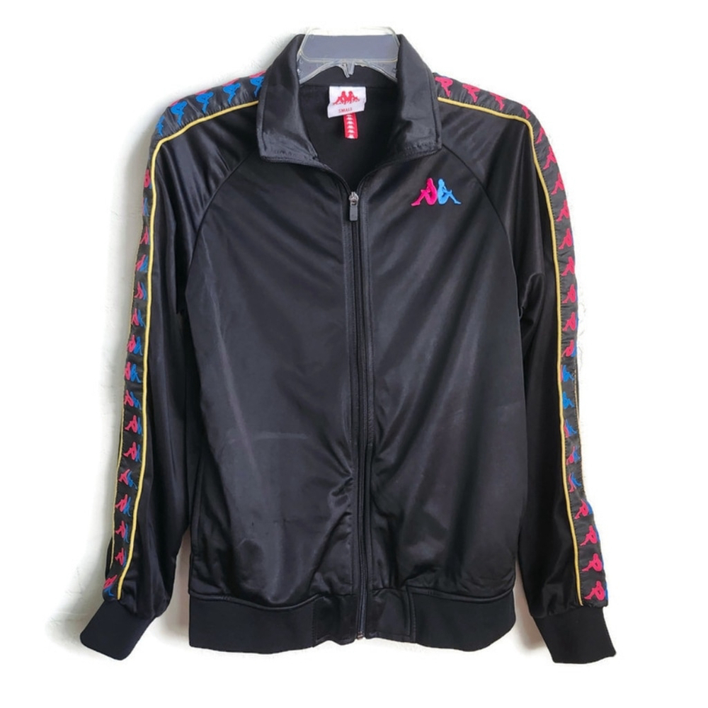 Kappa 222 Banda Carambie Black Track Jacket Fuchsia & Blue Omni Logo Yellow Trim